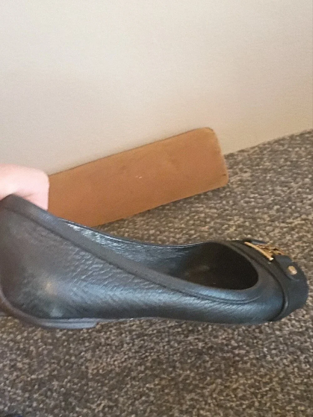 Tory Burch Black Leather Flats with Gold Logo Accent